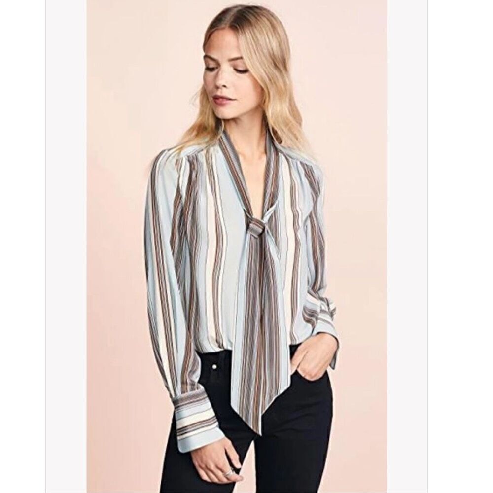 Elizabeth & James Mimi Tie Neck Stripe Silk Blouse In Dust Multi Women’s Size XS